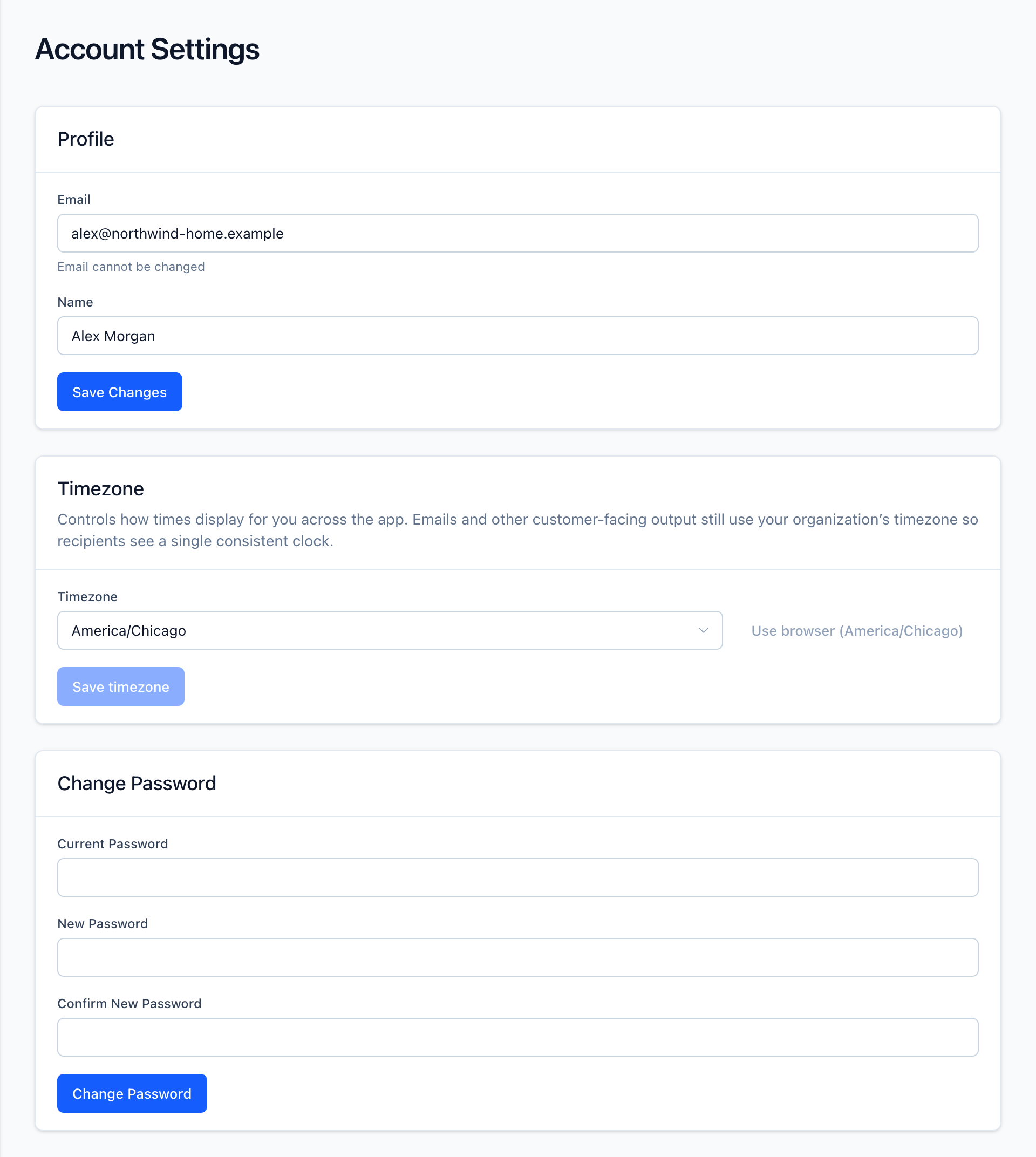 Account Settings page with Profile (read-only email and name), personal Timezone, and Change Password cards