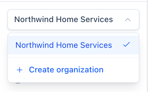 Workspace menu at the top of the sidebar listing Northwind Home Services and a Create organization option