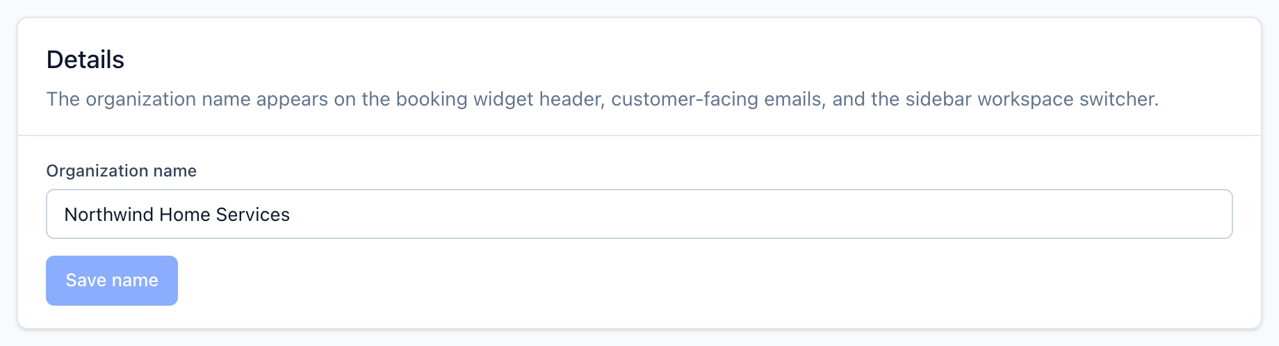 Organization page Details card with the organization name field and a Save name button