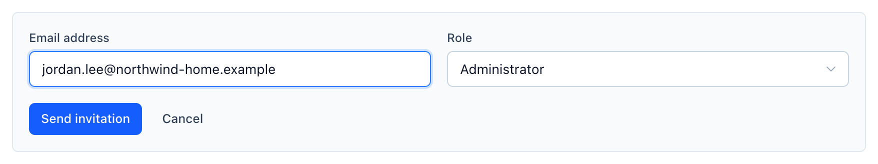Invite form with Email address, Role set to Administrator, and a Send invitation button