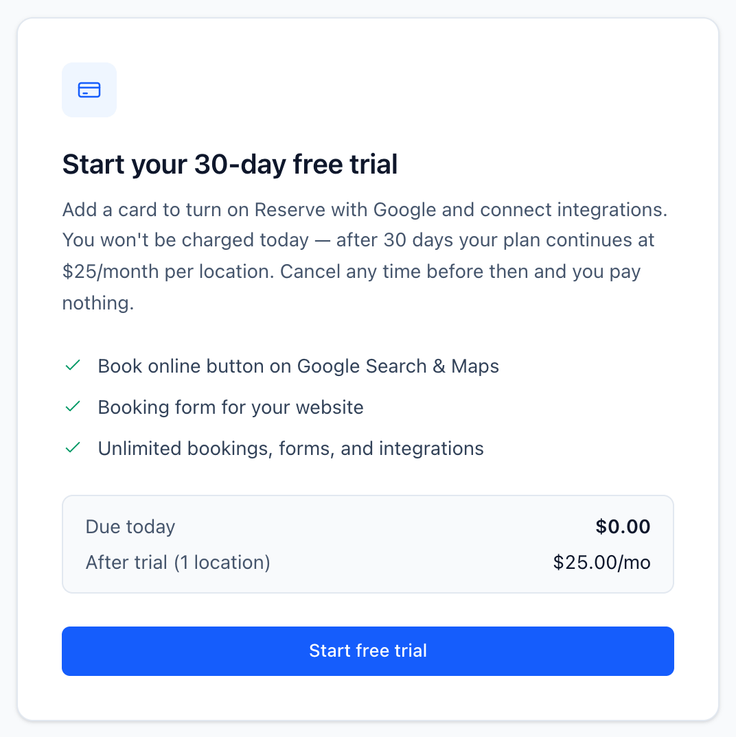 Start your 30-day free trial card: $0.00 due today, $25.00/mo after the trial for one location, and a Start free trial button
