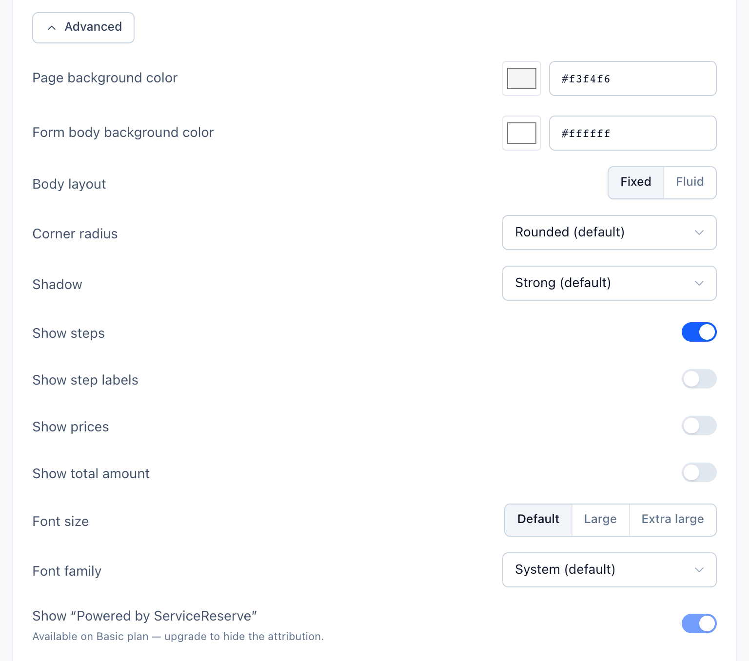 Branding section with Advanced expanded: page and form body background colors, body layout, step, price and font options, and the Powered by ServiceReserve switch