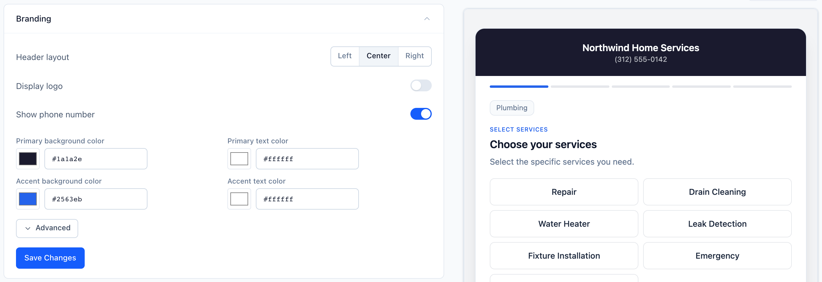 Branding section on the form's Appearance tab with Header layout, Display logo, Show phone number, the four color fields and an Advanced button, next to the live preview