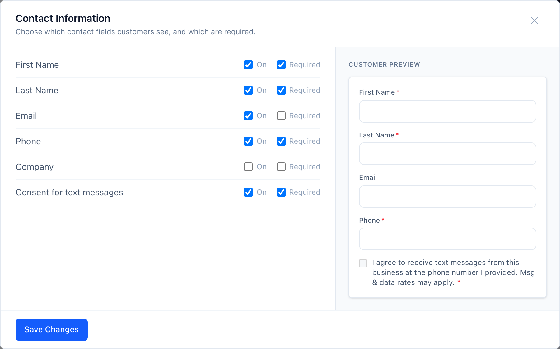 Contact Information dialog listing First Name, Last Name, Email, Phone, Company and Consent for text messages, each with On and Required checkboxes