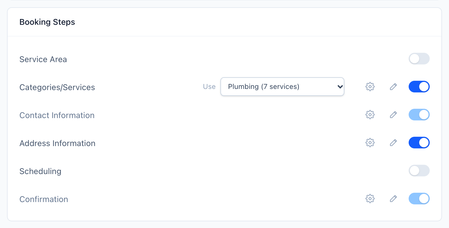 Booking Steps card listing Service Area, Categories/Services with its Use dropdown, Contact Information, Address Information, Scheduling and Confirmation, each with a toggle