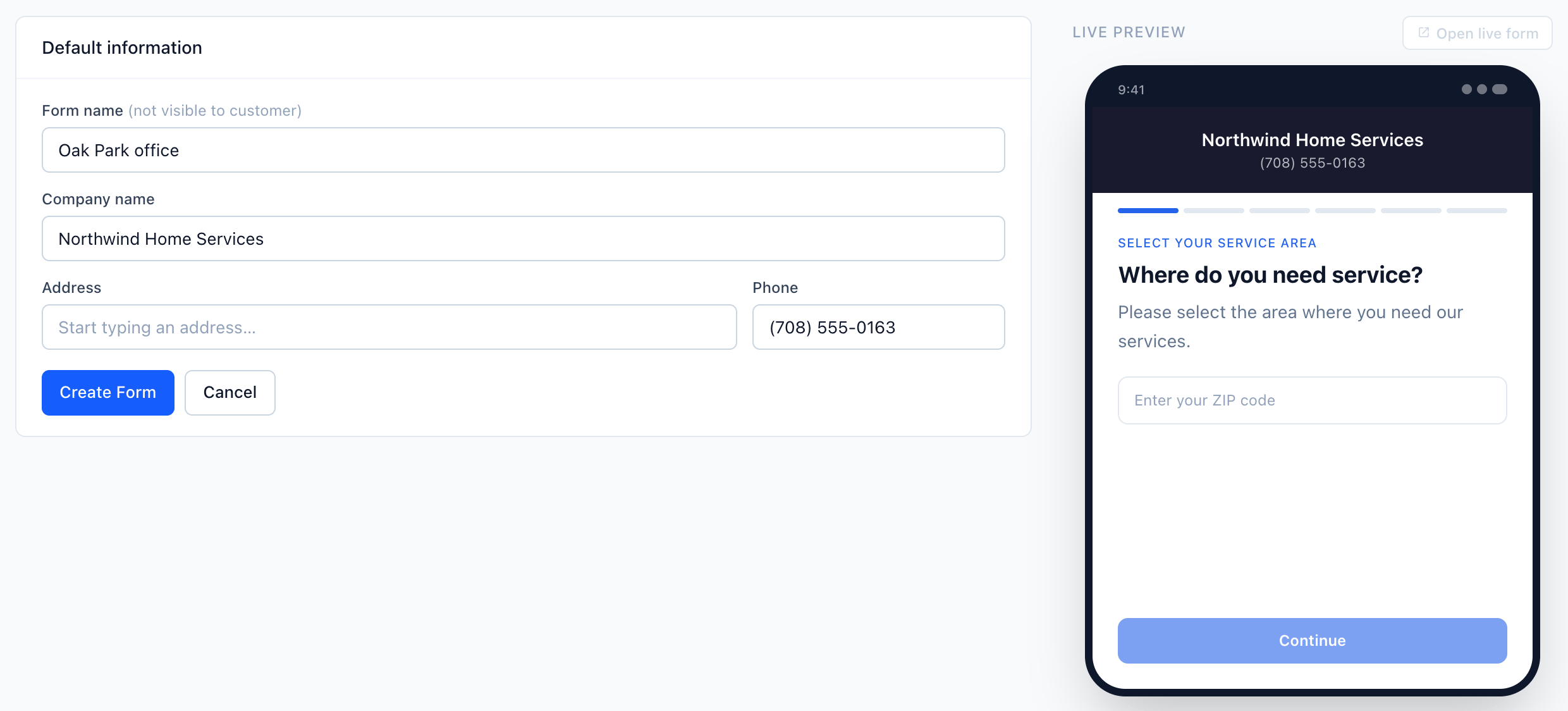 Create Form page with Form name, Company name, Address and Phone fields, Create Form and Cancel buttons, and a live preview of the booking page