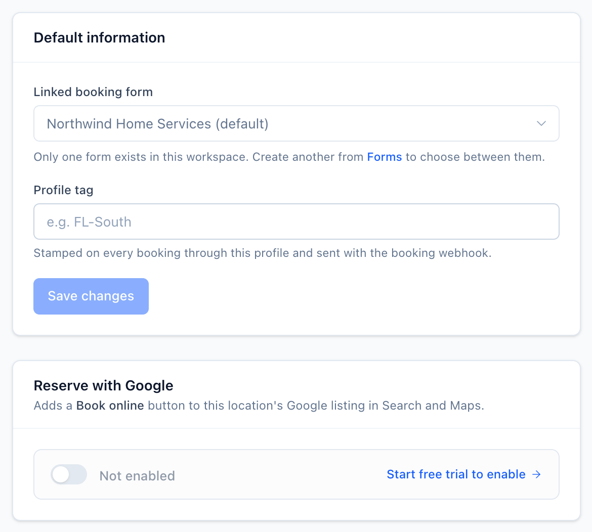 Business profile page with the Linked booking form dropdown and the Reserve with Google card showing Start free trial to enable