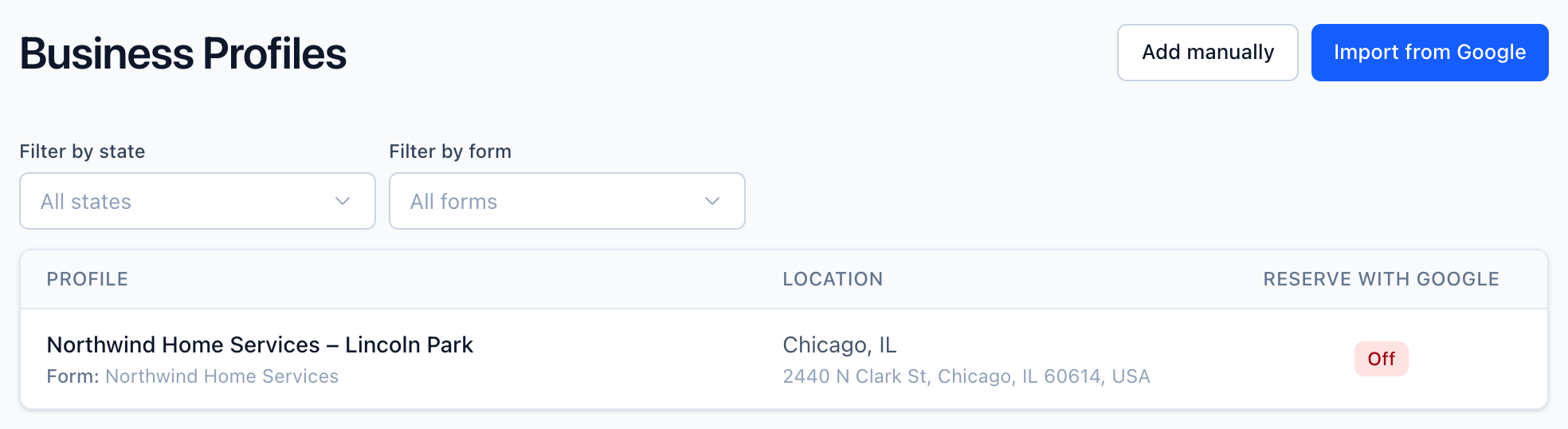 Business Profiles page with Add manually and Import from Google buttons and a profile row showing its linked form, location and Reserve with Google status