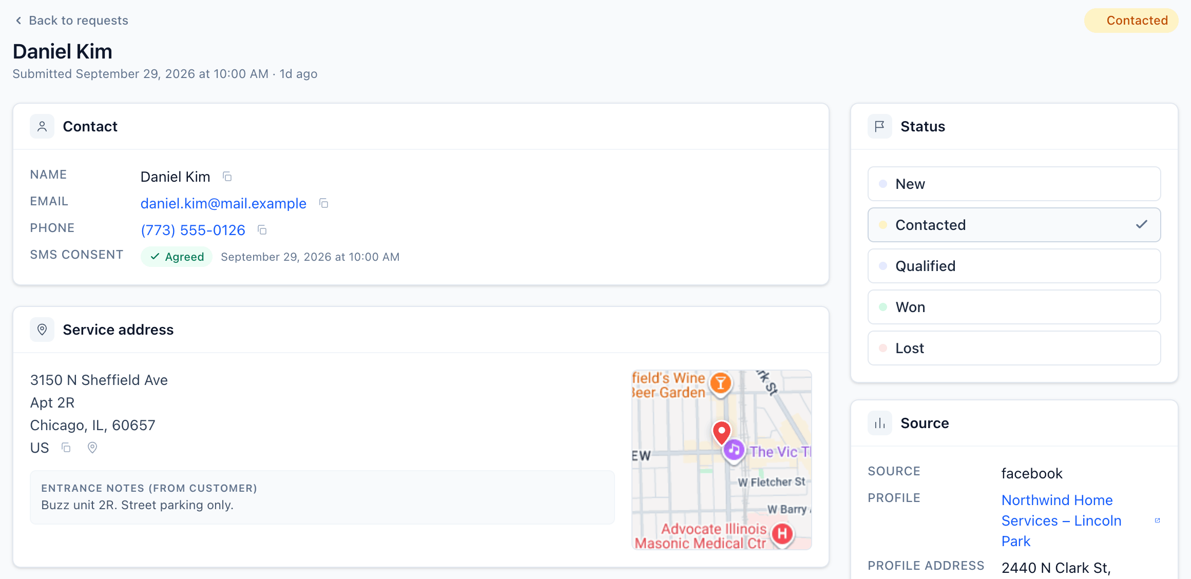 Request page for Daniel Kim with contact details, the service address with the customer's entrance notes, and the Status picker set to Contacted
