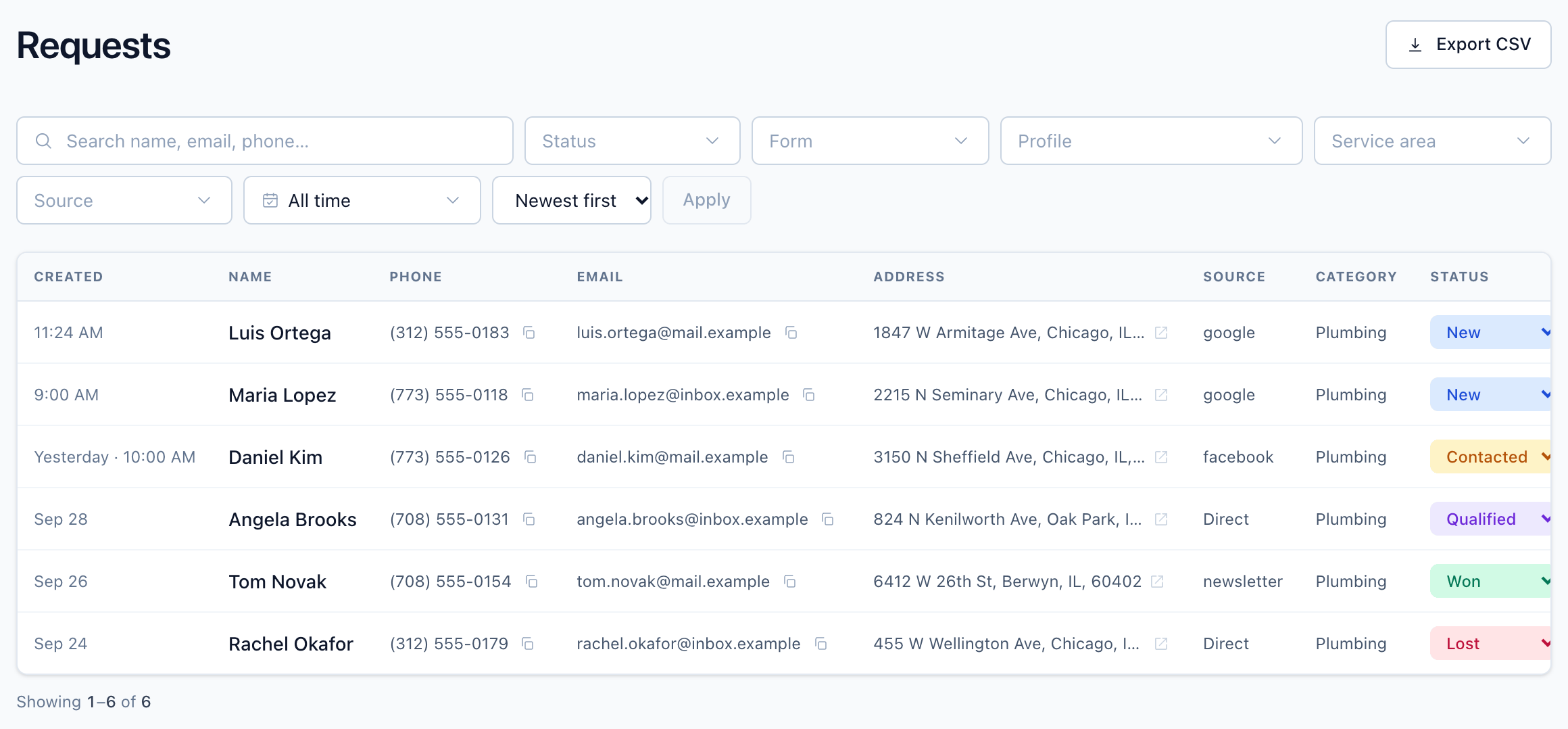 Requests page with search and filters for status, form, profile, service area, source and date, and a list of requests each with a colored status dropdown