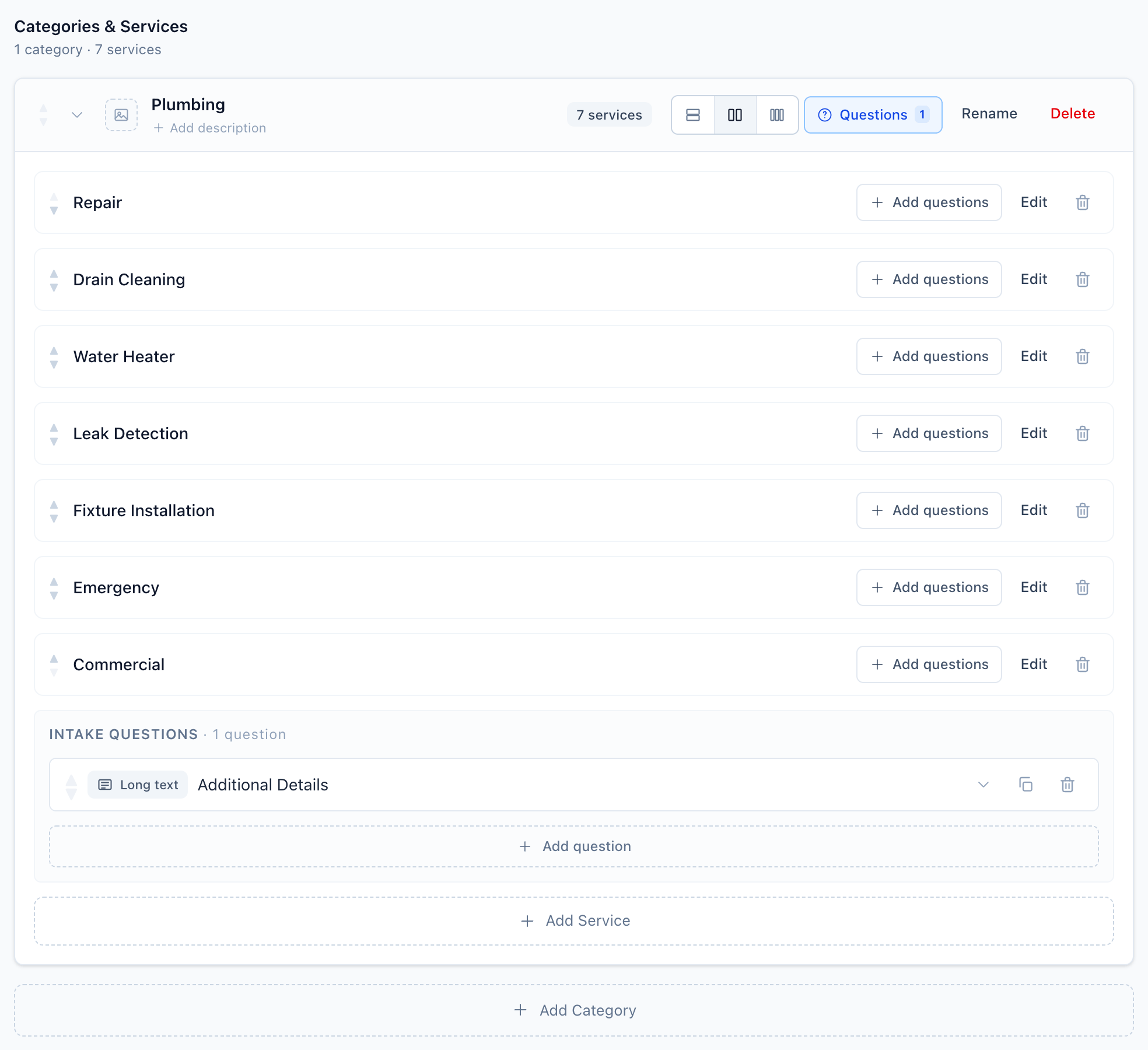 Edit Services page for the Plumbing set: the Plumbing category with seven services, reorder arrows, Add questions and Edit buttons, a category intake question, Add Service and Add Category