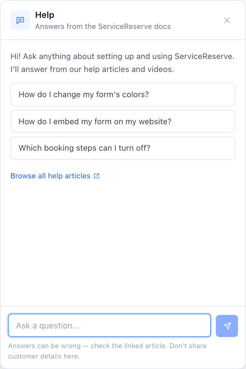 Help assistant panel with a question box and suggested questions for the current page