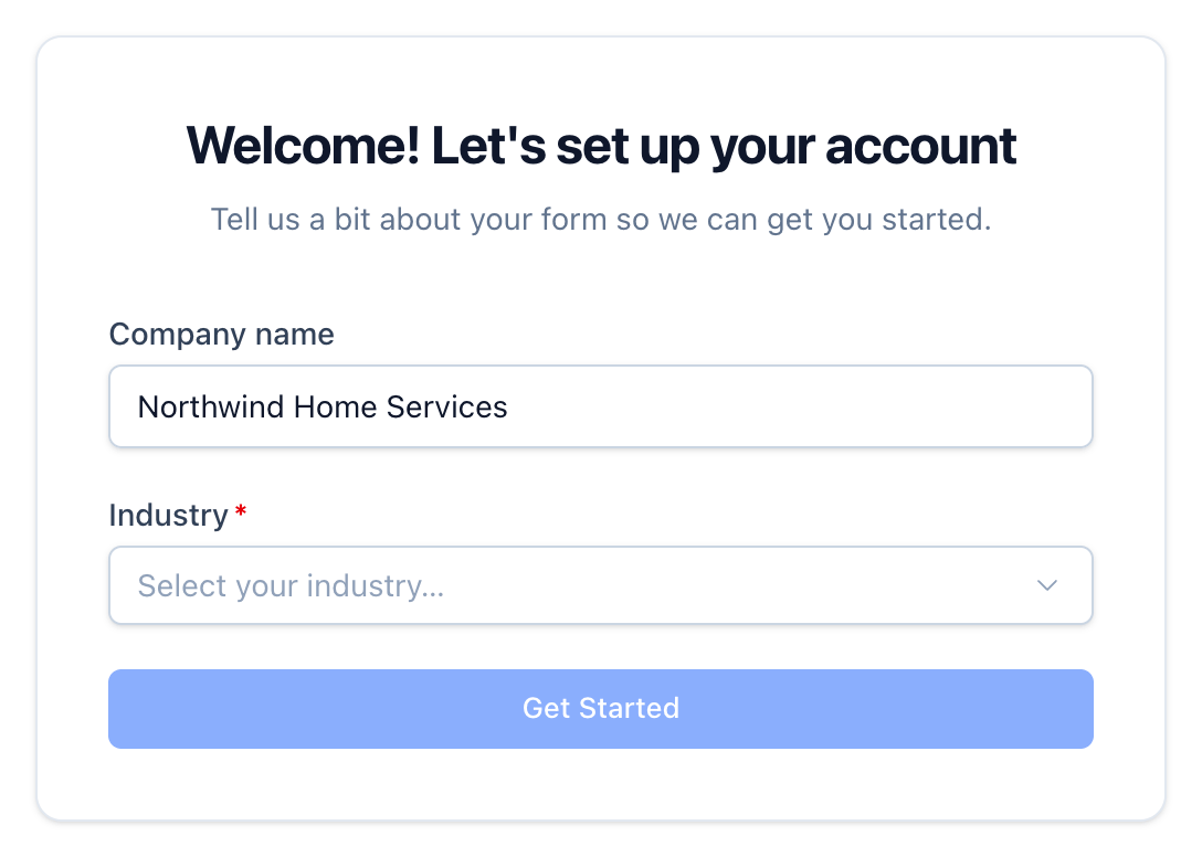 Welcome onboarding form with a Company name field, an Industry picker, and a Get Started button