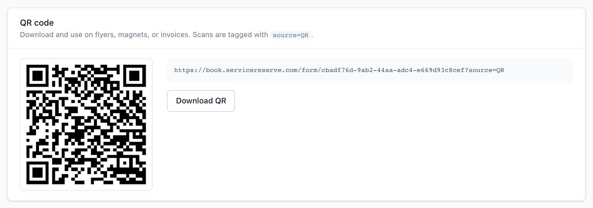 QR code card on the Share tab showing the code, the URL it opens with ?source=QR, and a Download QR button