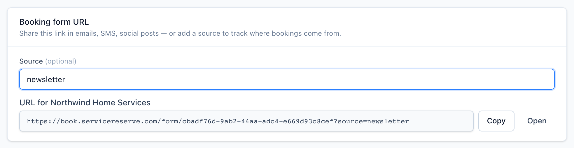 Booking form URL card on the Share tab with Source set to newsletter and the link ending in ?source=newsletter, next to Copy and Open buttons