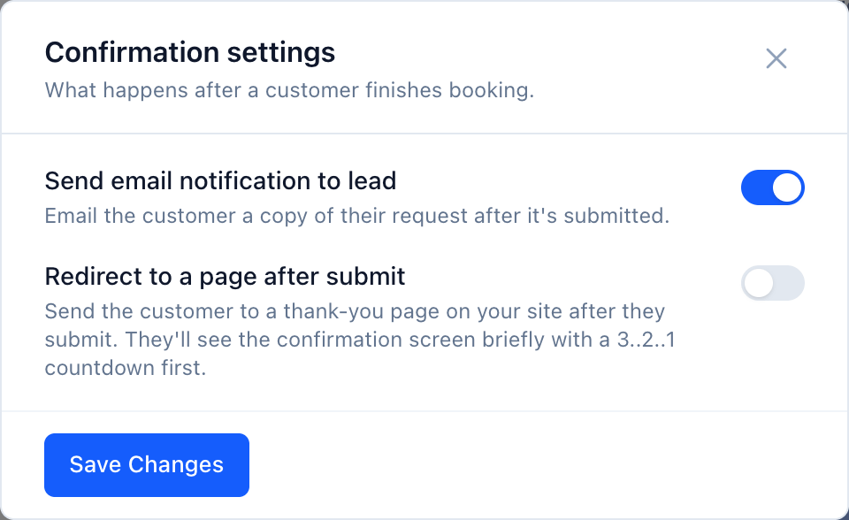 Confirmation settings dialog with the Send email notification to lead switch turned on