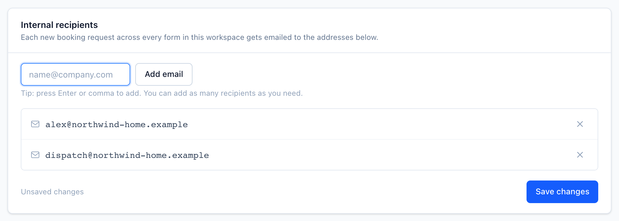 Internal recipients card on the Email notifications page with two addresses listed under the Add email field and a Save changes button